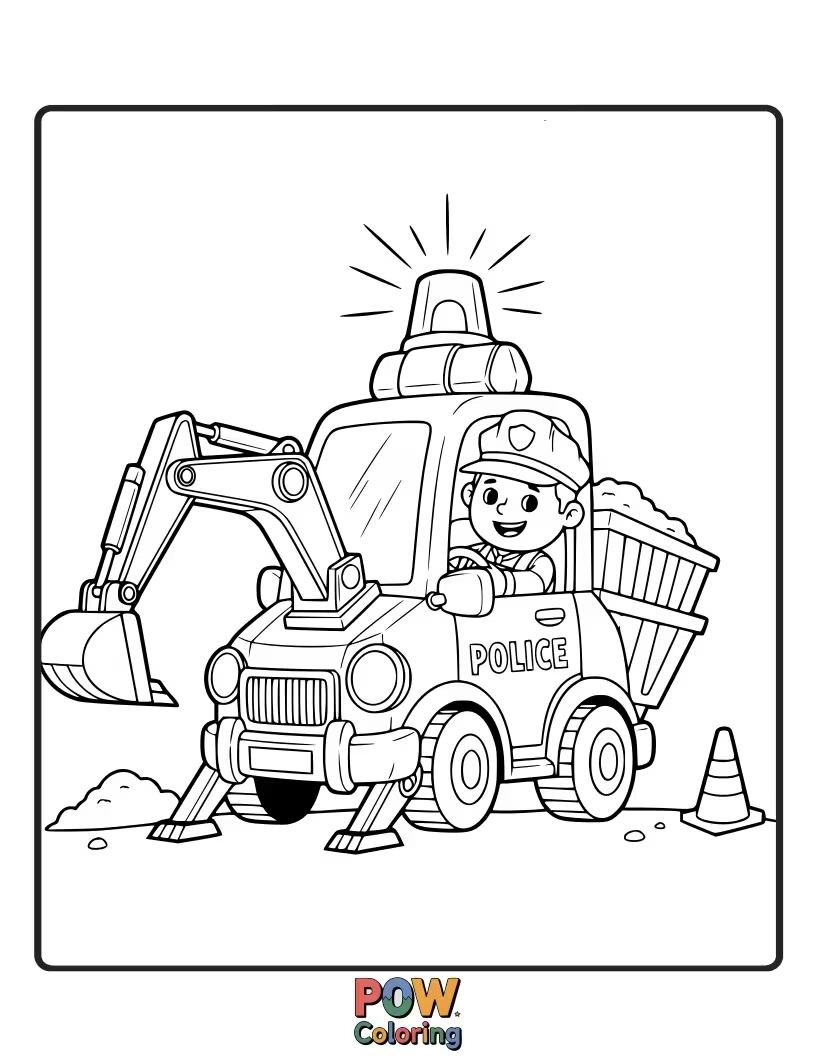 Free coloring page of Construction worker police car, building a safer community, wears a hard hat and directs traffic with sturdy enthusiasm.
