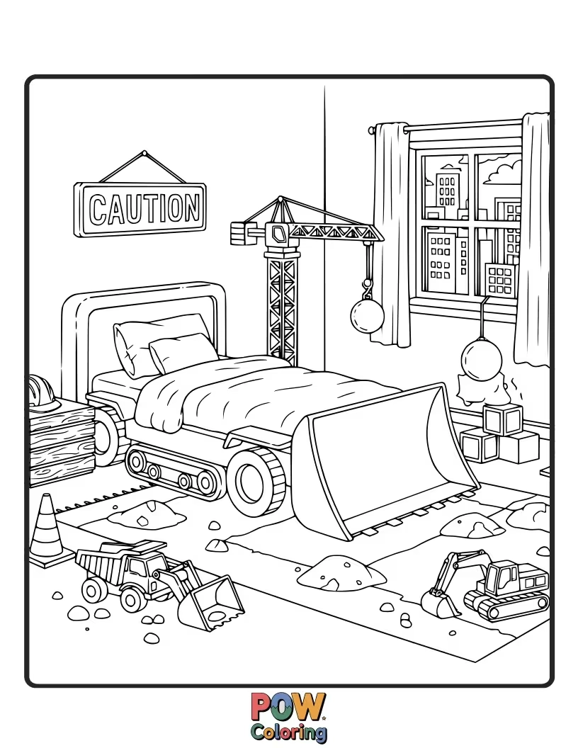 Free coloring page of Toy trucks, building blocks, and hard hats fill this busy room for little builders.