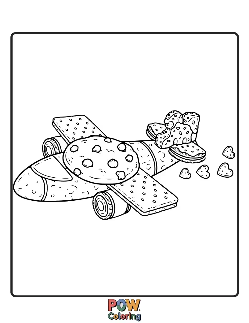 Free coloring page of A sweet airplane baked from cookies, with icing details and candy buttons for a delightful edible craft.