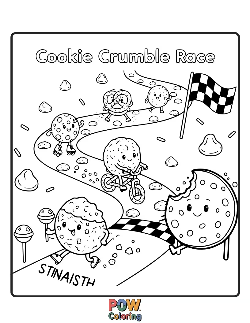Free coloring page of Deliciously decorated cookies are tumbling and racing, leaving a trail of delightful crumbs.