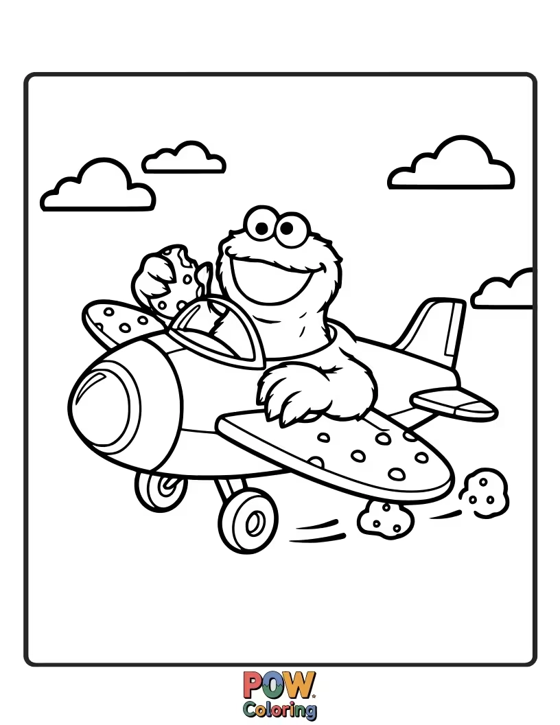 Free coloring page of A beloved Cookie Monster character piloting a cookie-shaped airplane, with crumbs flying and a craving for more.
