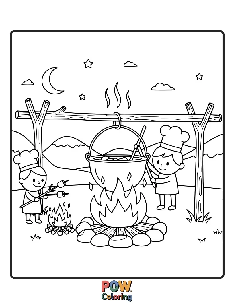 Free coloring page of A pot bubbling over a campfire, with delicious food being prepared. Discover simple campfire cooking methods.
