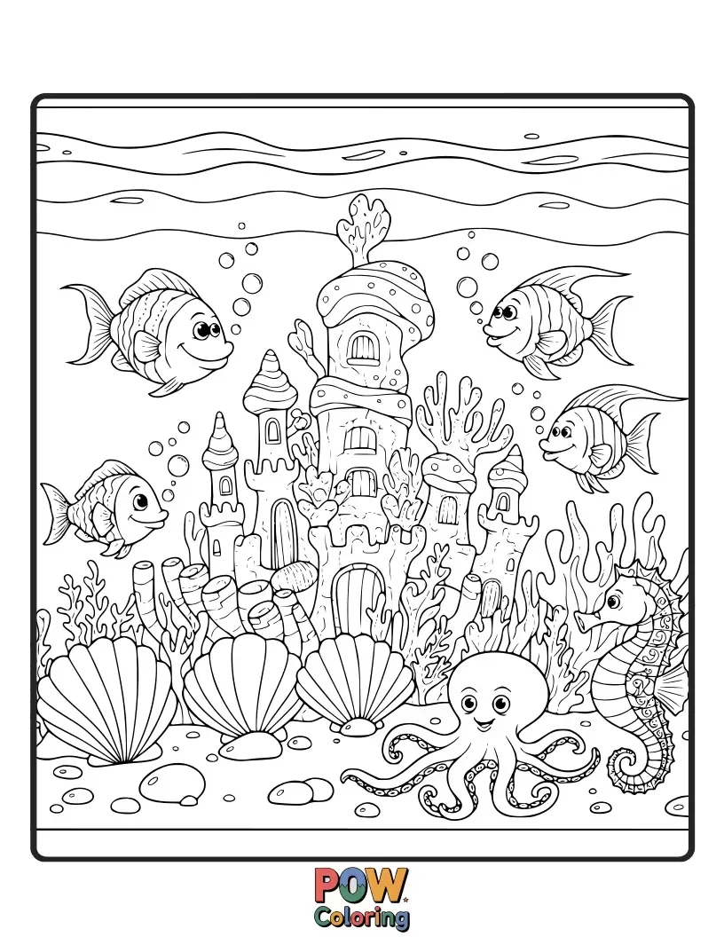 Free coloring page of A majestic castle made of vibrant coral, inhabited by shy seahorses and shy little starfish. A fantastical underwater abode.