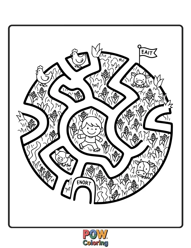 Free coloring page of A lost but happy little mouse navigates a cute, simple corn maze. A fun and slightly adventurous theme.