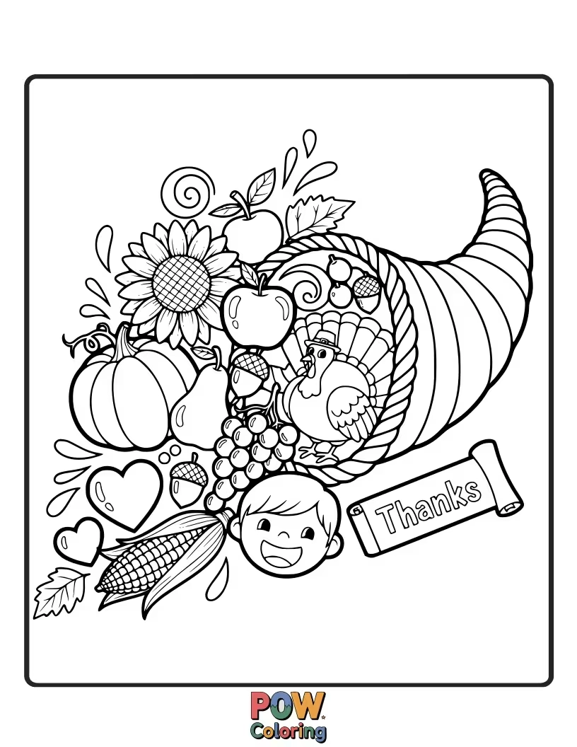 Free coloring page of A beautiful cornucopia overflows with colorful fruits, vegetables, and a tiny, grateful turkey. Celebrate abundance!