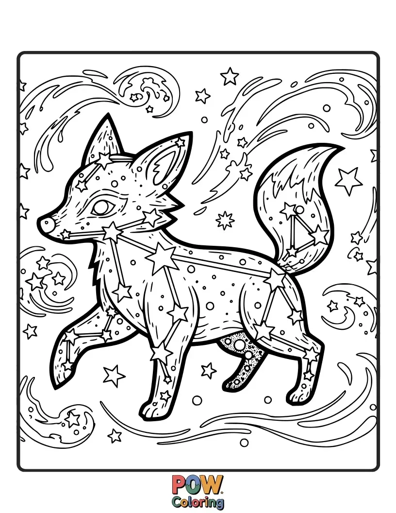 Free coloring page of Stars cleverly shaped like cute animals—a star-dog, a star-cat, and a star-bunny—playing together.