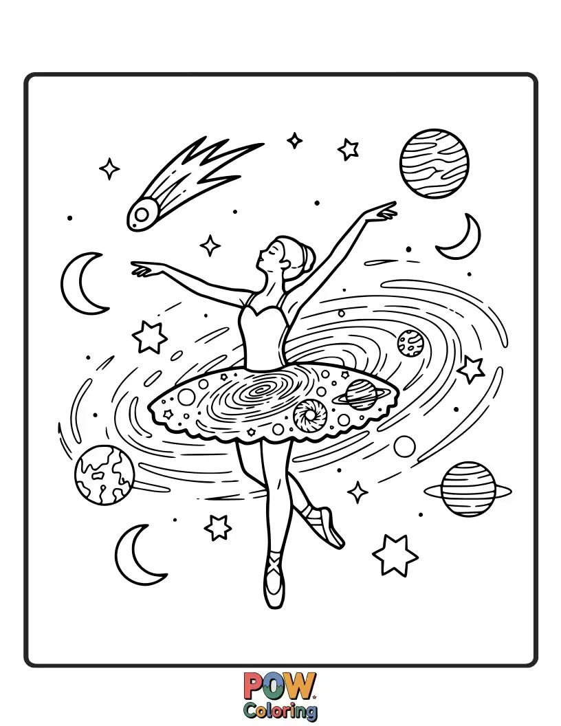 Free coloring page of A ballerina pirouettes through a swirling galaxy, her costume shimmering with stardust and nebulae.