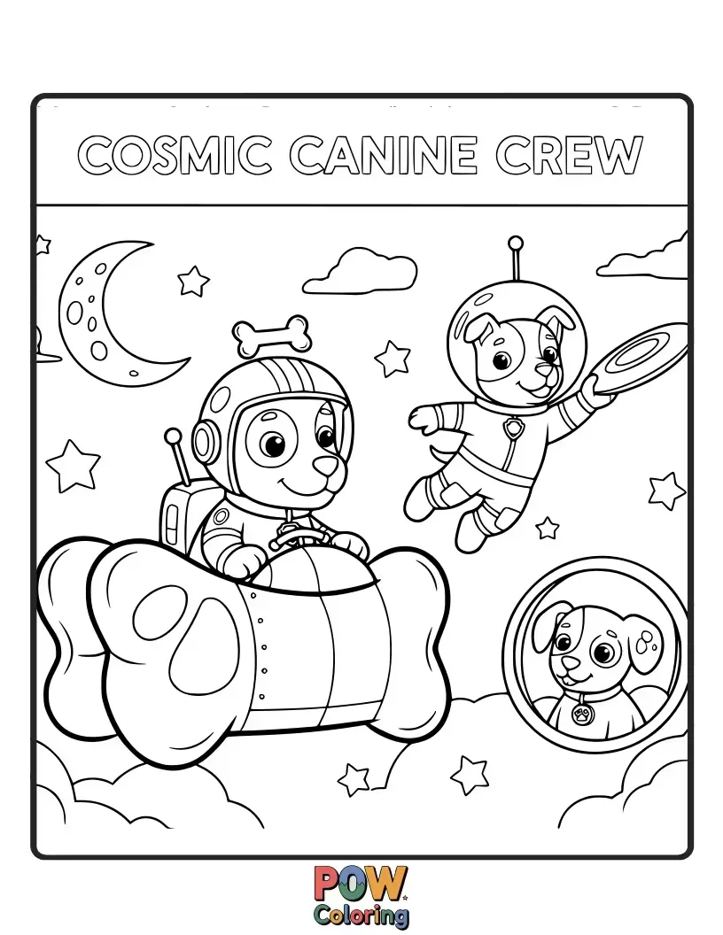 Free coloring page of A playful pack of dogs exploring outer space, adorned with little astronaut helmets and surrounded by sparkling stars and planets.