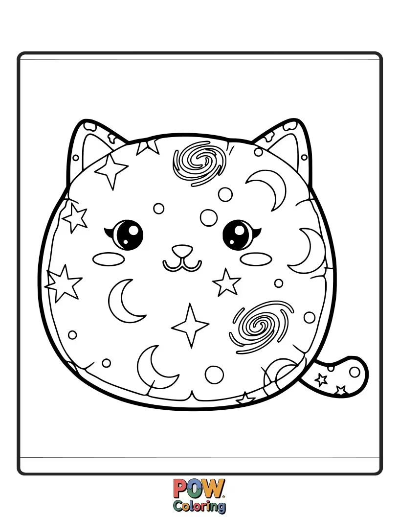 Free coloring page of A cat face pillow peeking out from behind a starry nebula. Imagine the deep space adventures it dreams of.