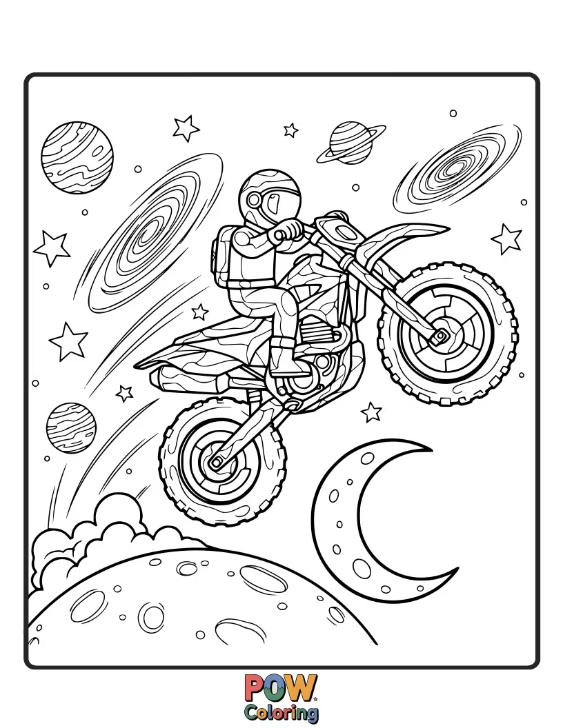 Free coloring page of A futuristic dirt bike with chrome accents, soaring through a swirling nebula and past shining stars.