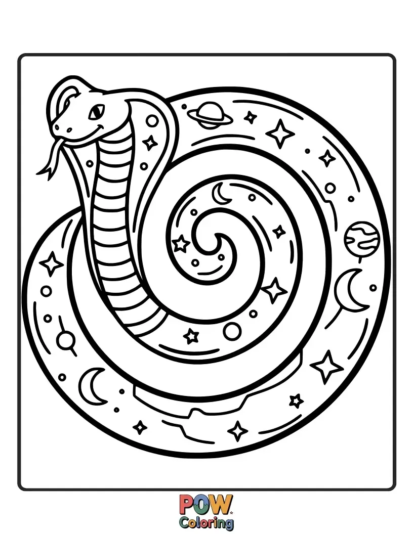 Free coloring page of A unique cobra snake whose scales are patterned like swirling galaxies and twinkling stars, reaching for the moon.