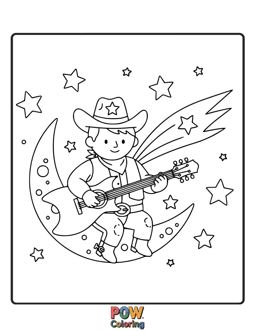 Free coloring page of A cowboy strumming a guitar under a starry sky filled with alien planets.
