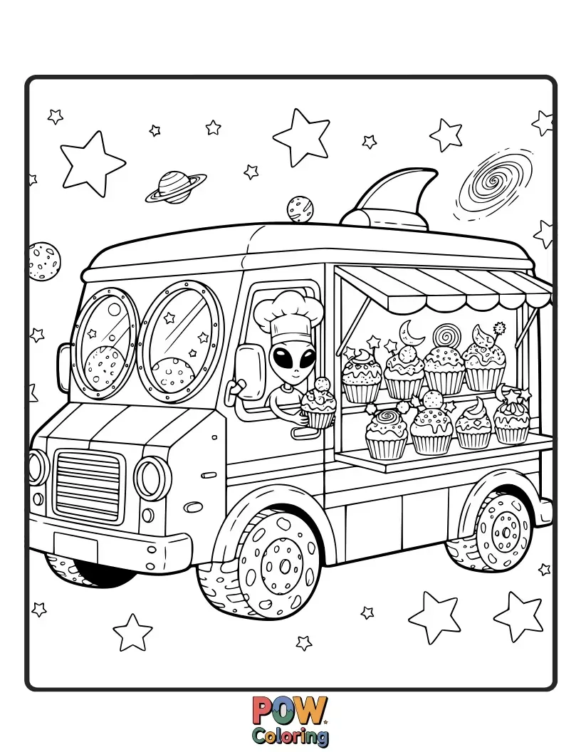 Free coloring page of A dazzling food truck with a galaxy theme, serving out-of-this-world cupcakes with starry decorations and nebulae.