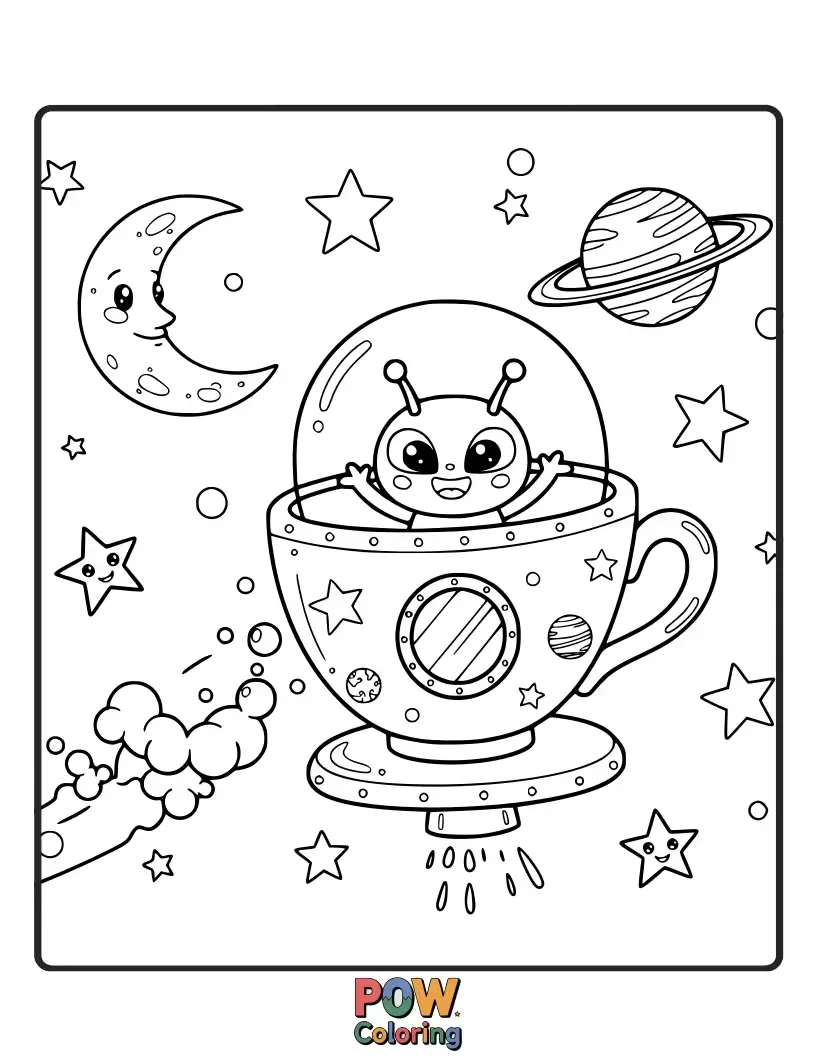 Free coloring page of Brave cups journey through outer space, encountering friendly aliens and sparkling nebulae. An out-of-this-world adventure.