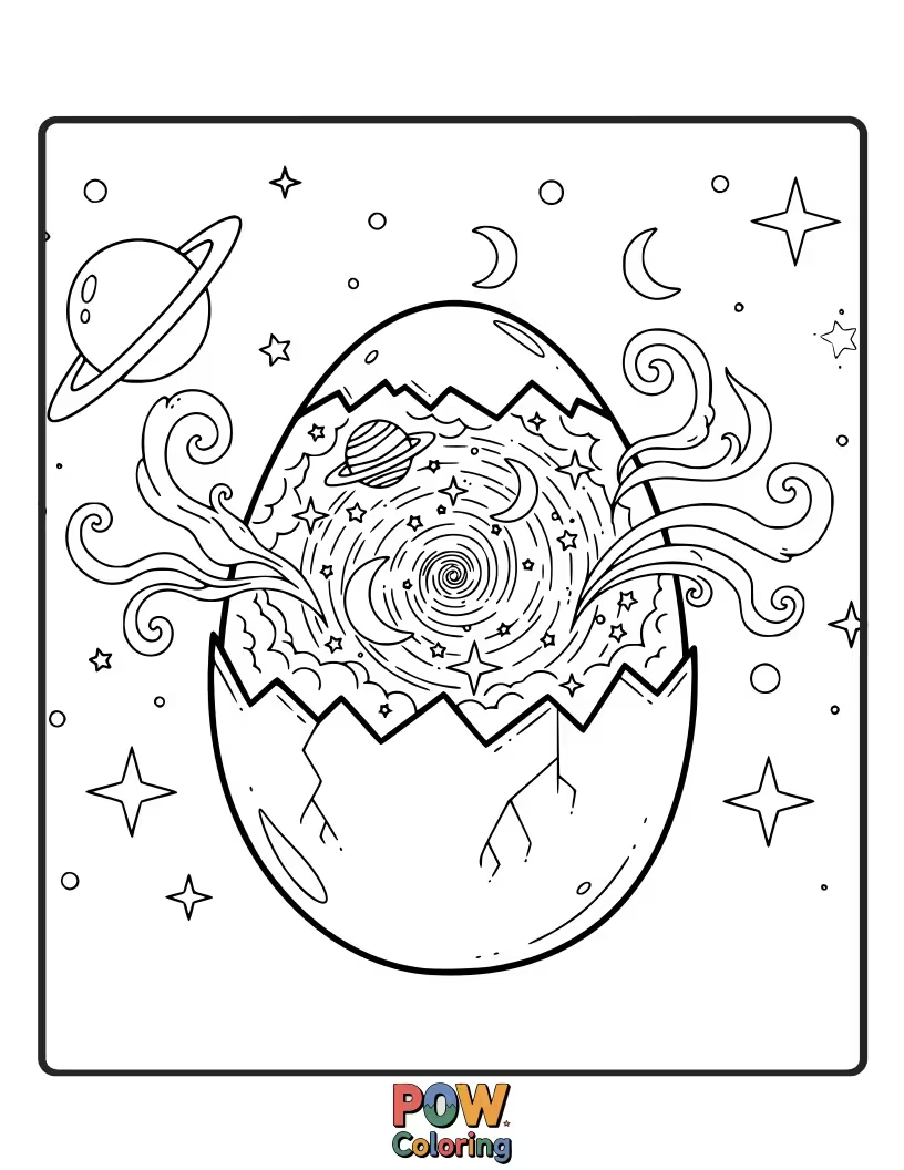 Free coloring page of An egg design featuring swirling galaxies, sparkling stars, and cosmic clouds, inviting a universe of vibrant colors.