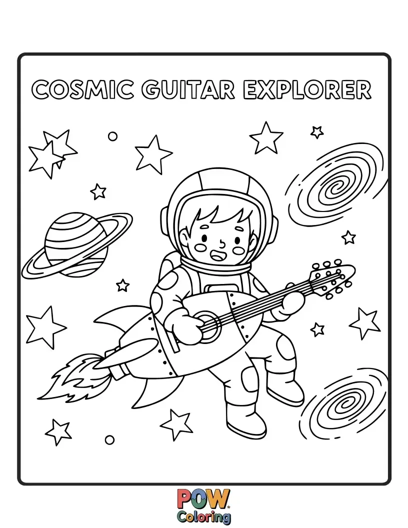 Free coloring page of A guitar soaring through a galaxy, leaving a trail of shimmering stardust and nebulae.