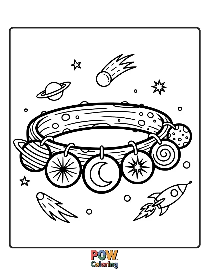 Free coloring page of Small, stylized planets are linked together to form an out-of-this-world bracelet. Explore the galaxy.