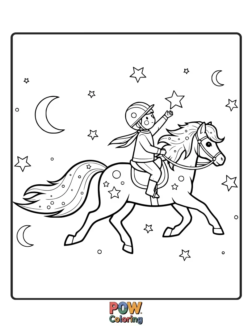 Free coloring page of A tiny pony wearing a space helmet, riding a friendly shooting star.