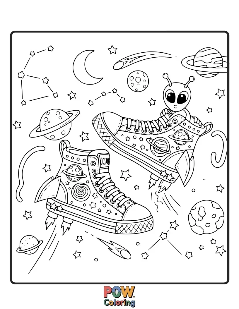 Free coloring page of There is a cosmic sneaker quest is created by aliens to enjoy with the fun in space.