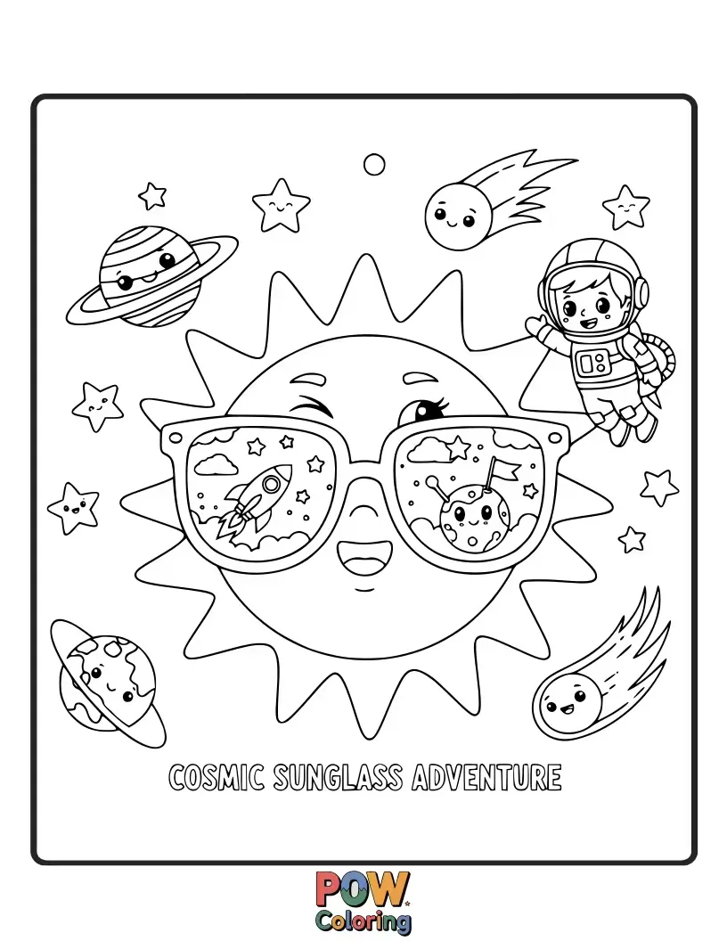 Free coloring page of Out-of-this-world sunglasses adorned with planets and stars, inviting you on a cosmic journey.