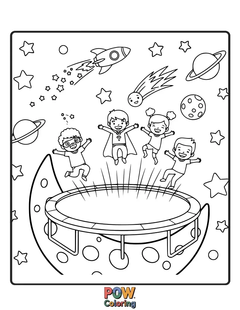 Free coloring page of A child and friendly alien soaring through a starry galaxy, bouncing on a glowing trampoline under a whimsical moon.