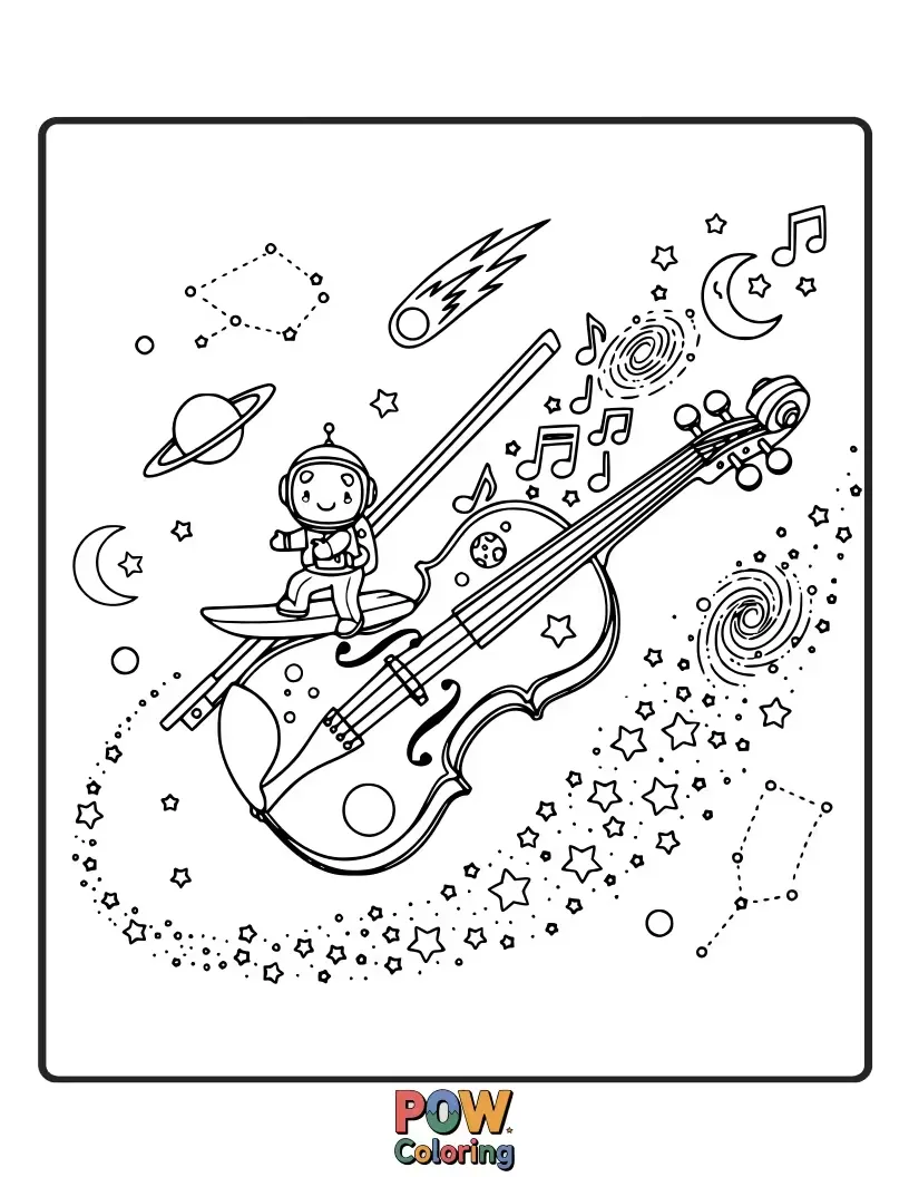Free coloring page of A violin travels through outer space, leaving a trail of sparkling stardust.