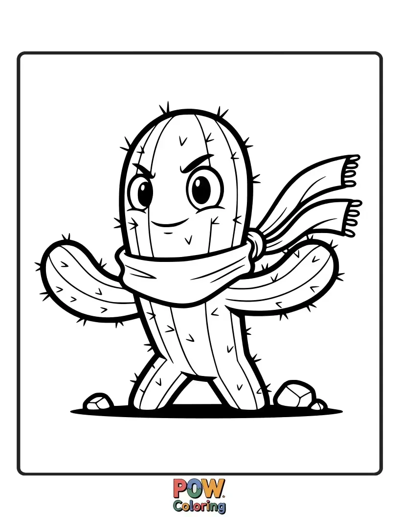 Free coloring page of A quirky cactus wearing a colorful, patterned scarf in a desert scene. Add some prickly personality.
