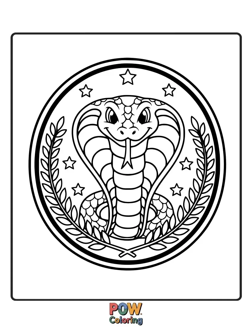 Free coloring page of A creative cobra snake proudly holding a shield adorned with its own majestic hood design.