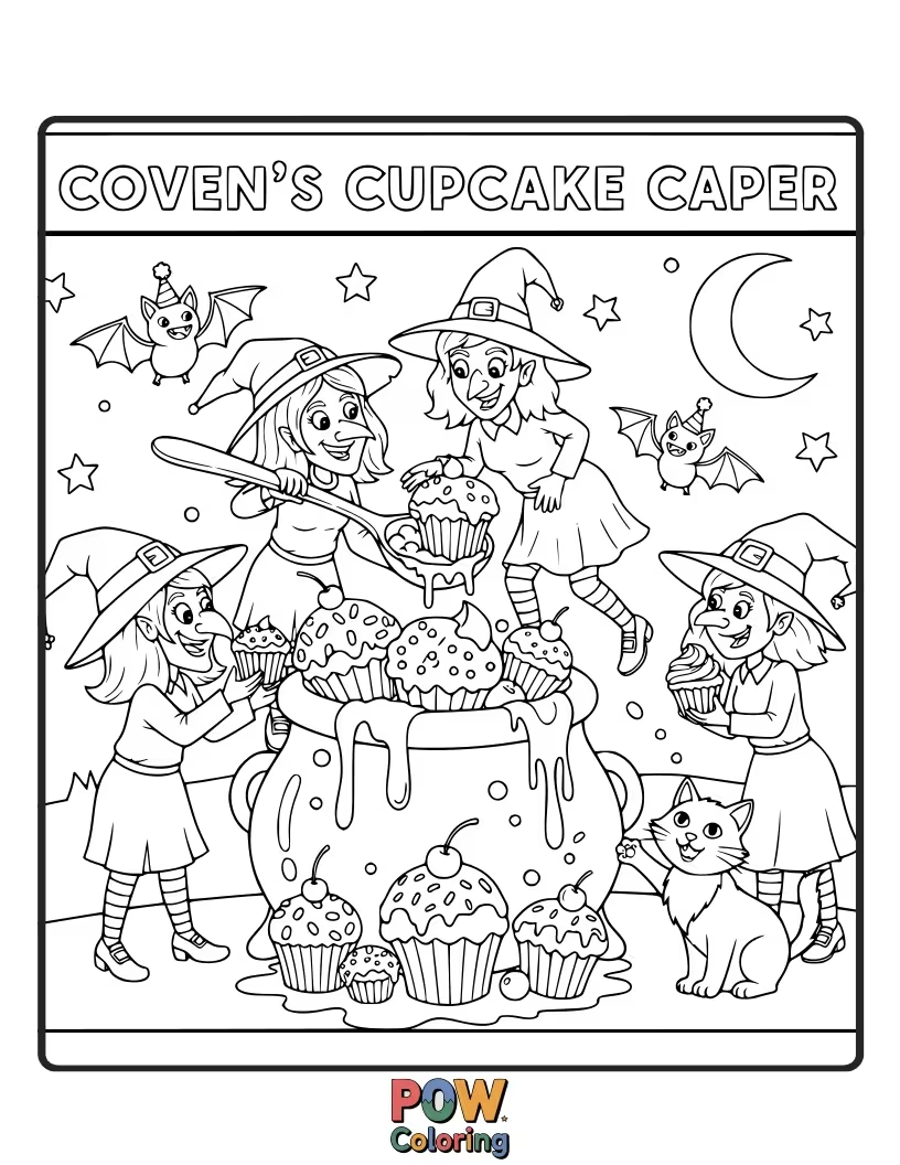 Free coloring page of A coven of witches is playfully fighting over the last delicious Halloween cupcake.