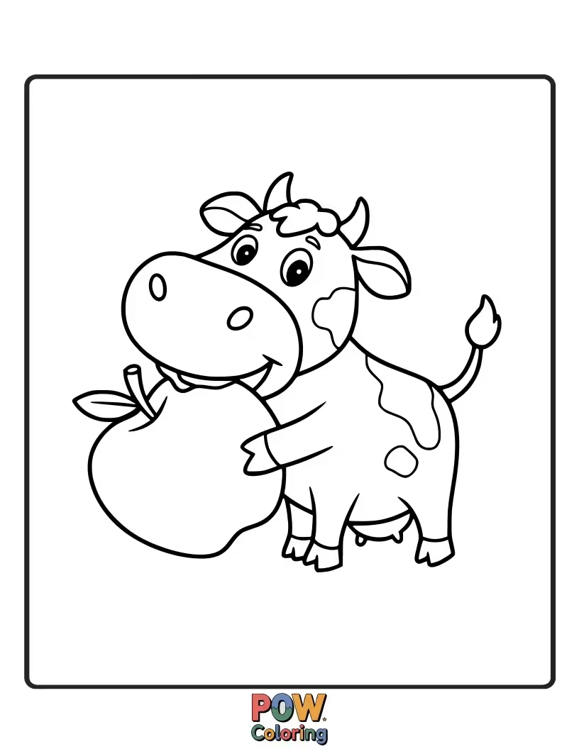 Free coloring page of A healthy cow enjoying a juicy apple. This offers a chance to color fruits and healthy eating themes.
