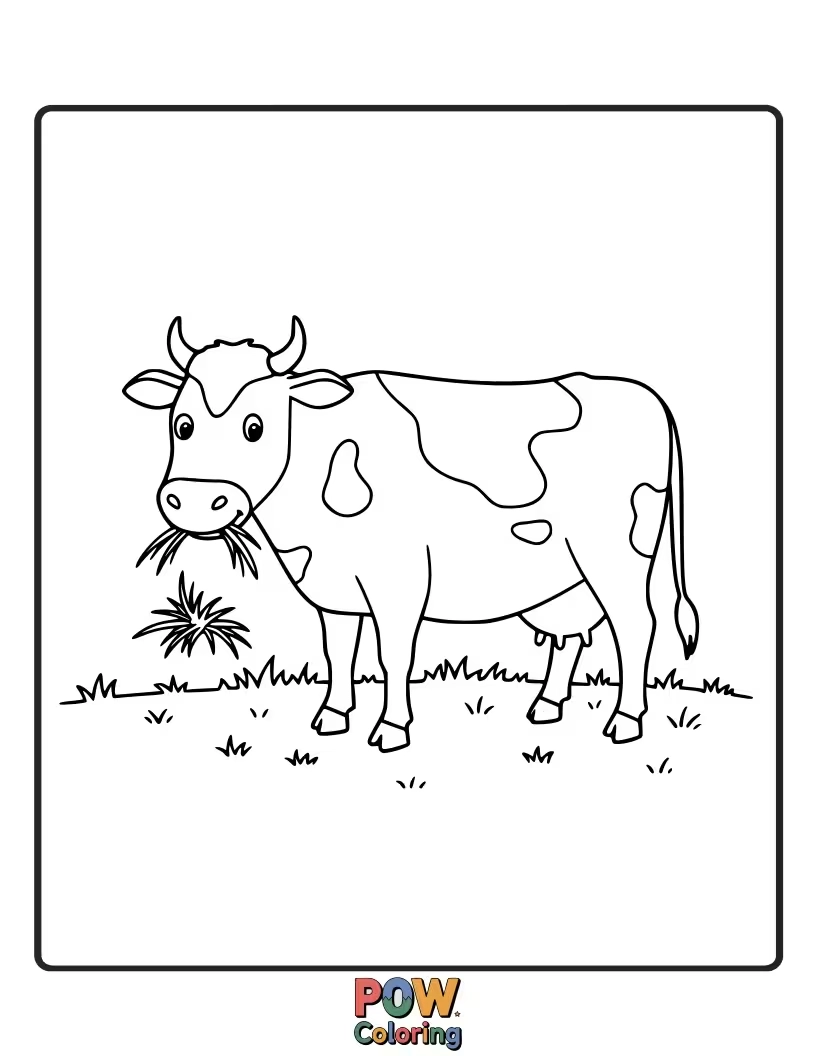Free coloring page of A content cow munching on a patch of grass. This image is great for practicing coloring different shades of green.