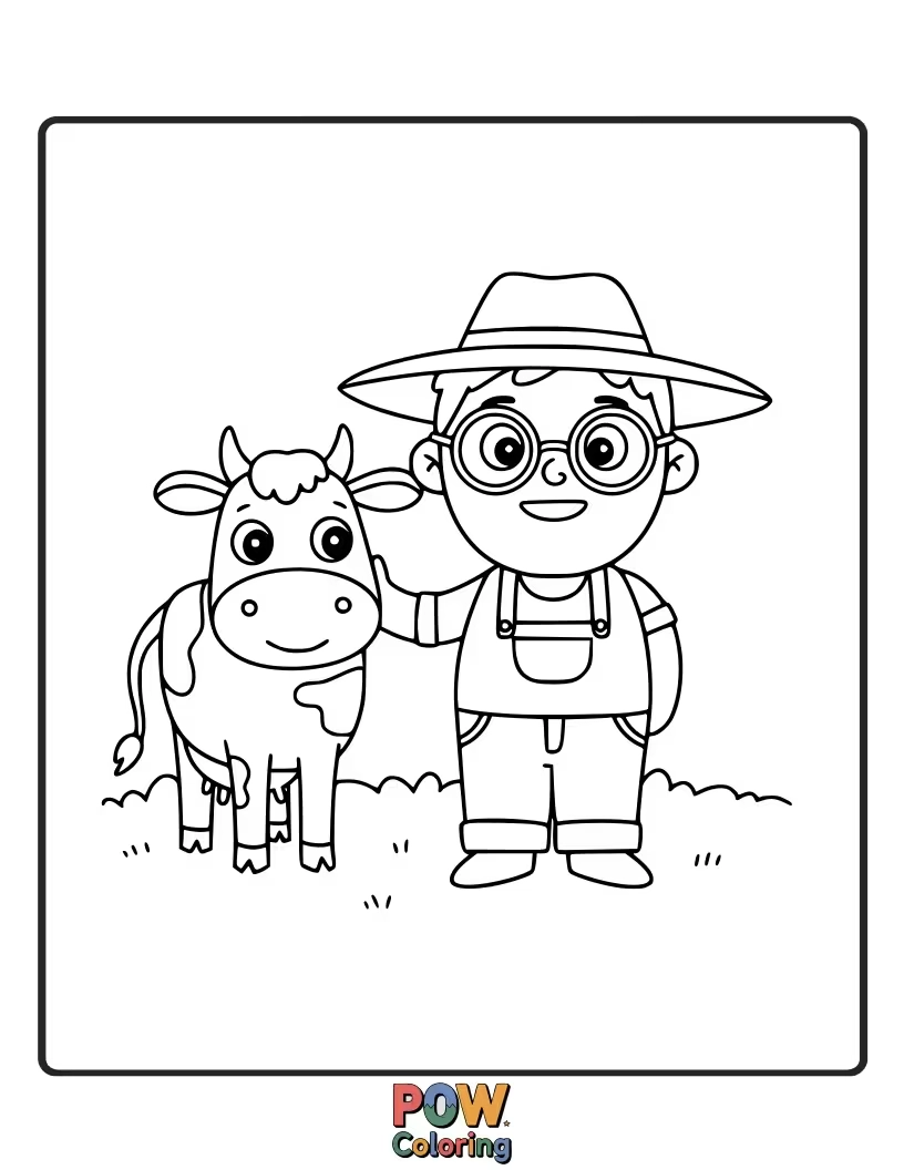 Free coloring page of A cow depicted as a friendly companion to a farmer. This promotes themes of friendship and farm life.