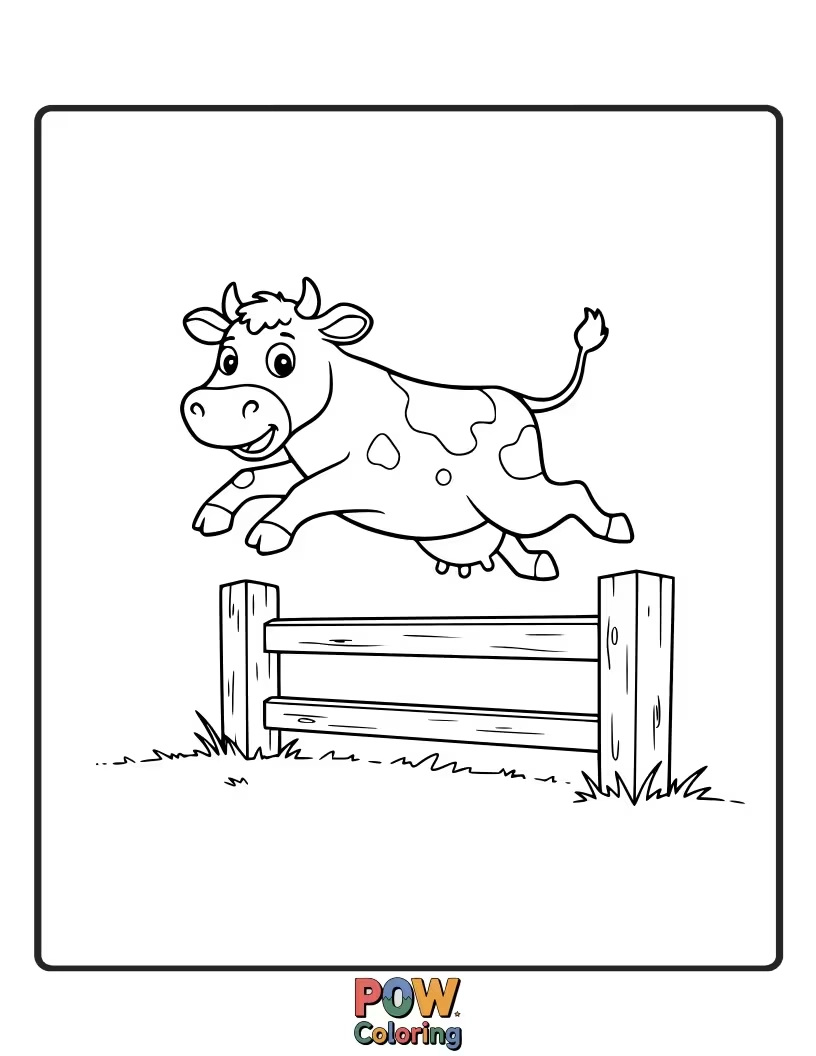 Free coloring page of A playful cow attempting to jump a simple fence. This dynamic pose encourages energetic coloring.