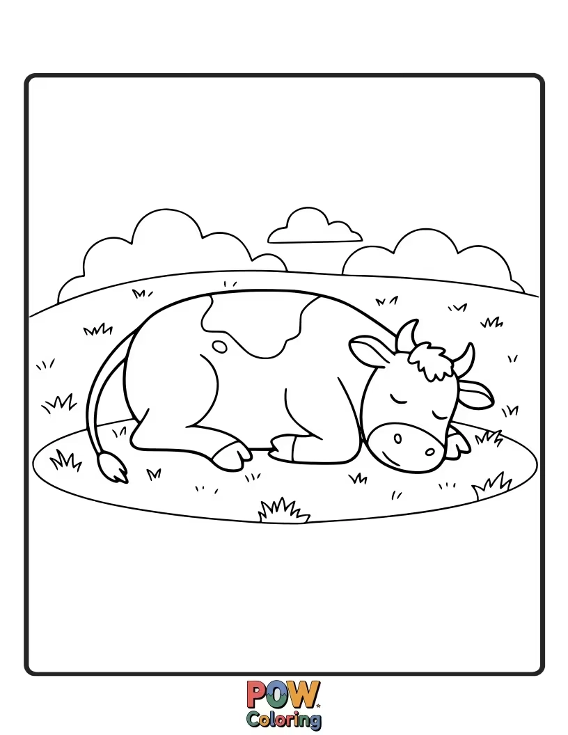 Free coloring page of A tranquil cow resting with its eyes closed. This design promotes calm and peaceful coloring.