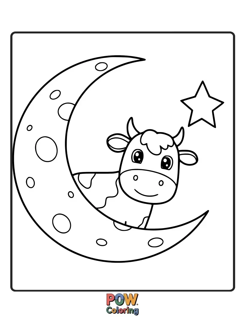 Free coloring page of A cow looking up at a crescent moon. This whimsical scene can spark imaginative nighttime coloring.
