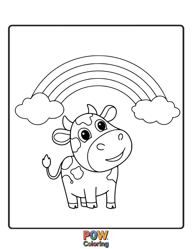 Free coloring page of A cheerful cow beneath a vibrant rainbow. This classic combination is perfect for practicing bright color mixing.