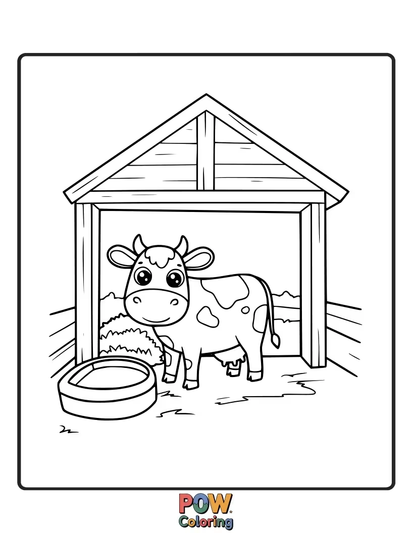 Free coloring page of A cow peeking out from a simple barn door. This introduces a basic structure to color alongside the animal.
