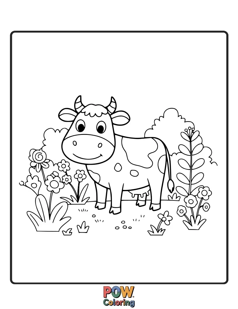 Free coloring page of A cow wandering through a simple garden patch. This design offers opportunities to color flowers and plants.