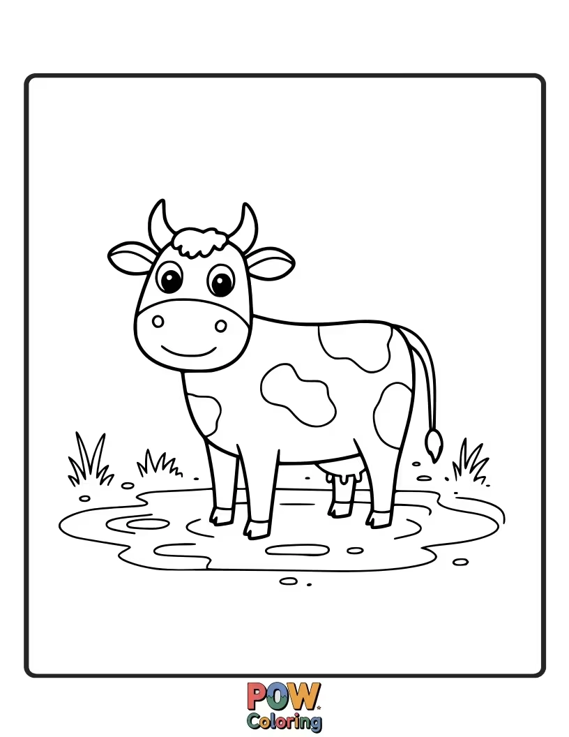 Free coloring page of A playful cow splashing in a simple puddle. This encourages fun with watery effects and bright colors.