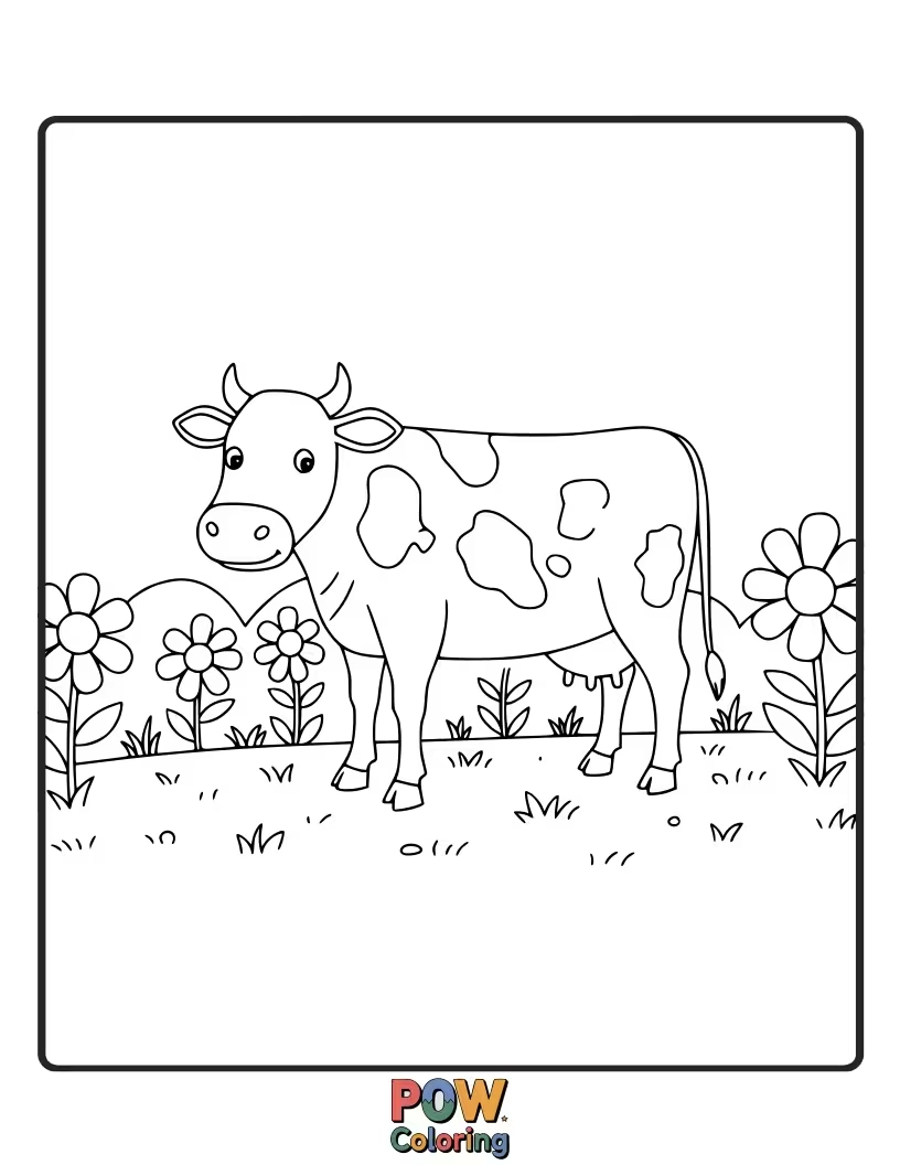 Free coloring page of A cow surrounded by a simple field of flowers. This allows for coloring various flower colors.