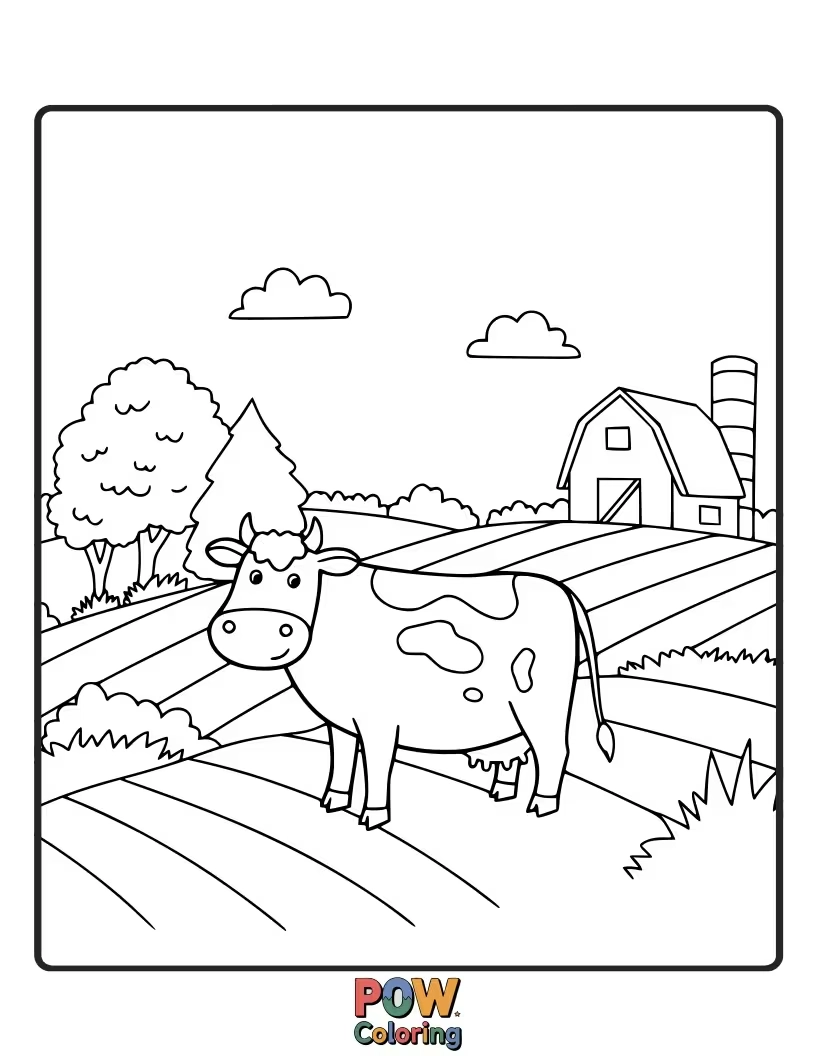 Free coloring page of A cow in a simple farm scene with rolling hills. This allows for coloring a more detailed environment.