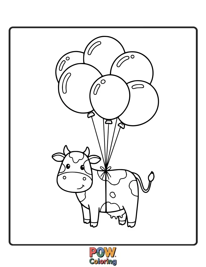 Free coloring page of A happy cow holding a bunch of balloons. This festive image is perfect for parties and celebrations.