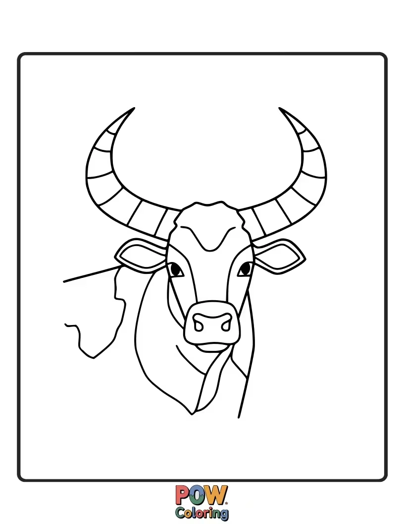 Free coloring page of A cow with prominent, easy-to-color horns. This design highlights a distinctive cow feature.
