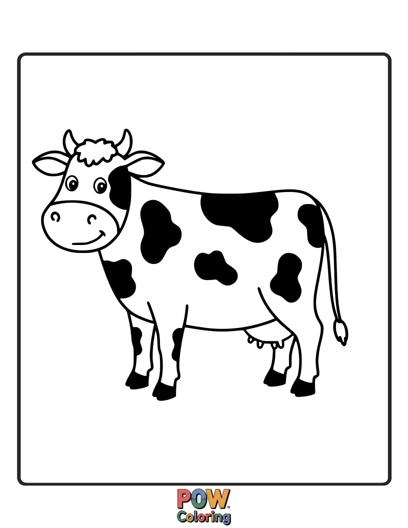Free coloring page of A cow featuring large, easy-to-color spots. This design makes it simple for toddlers to fill in distinct areas.