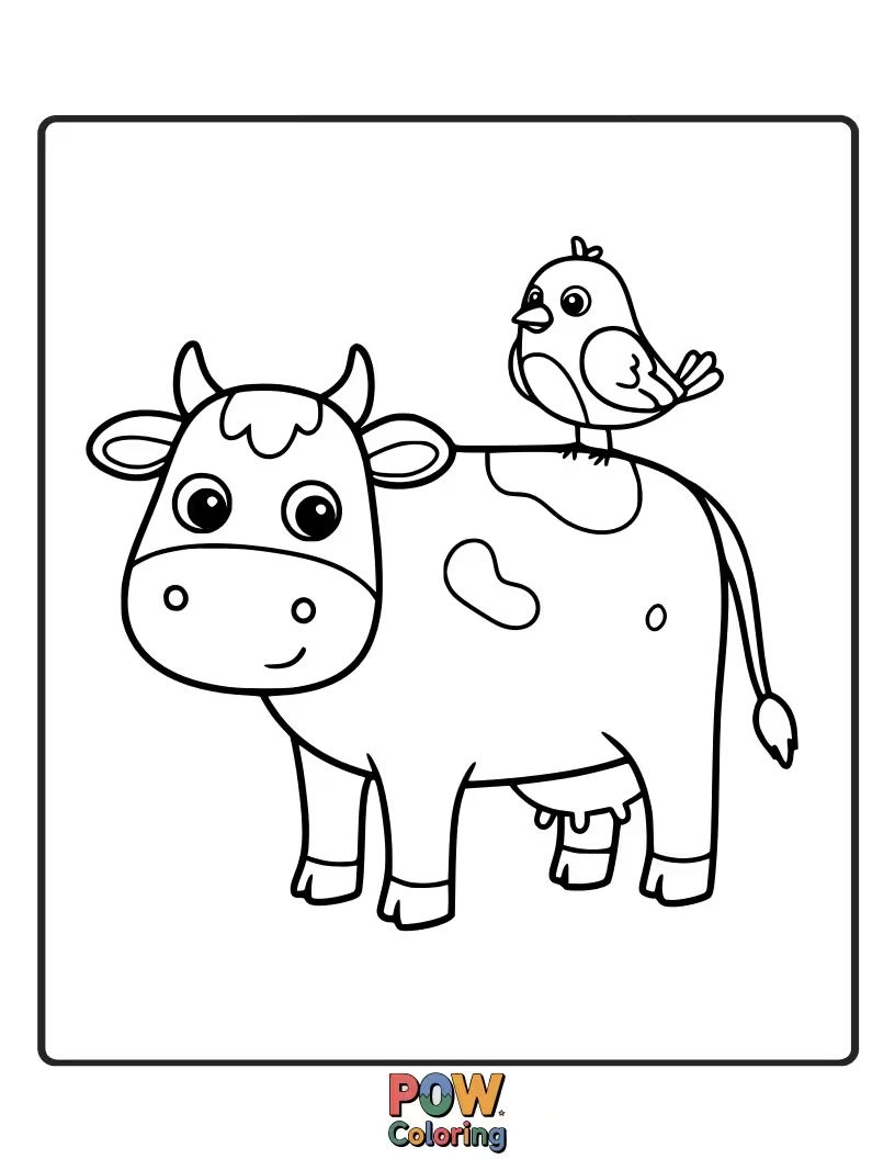 Free coloring page of A gentle cow with a small bird perched on its back. This highlights animal friendships.