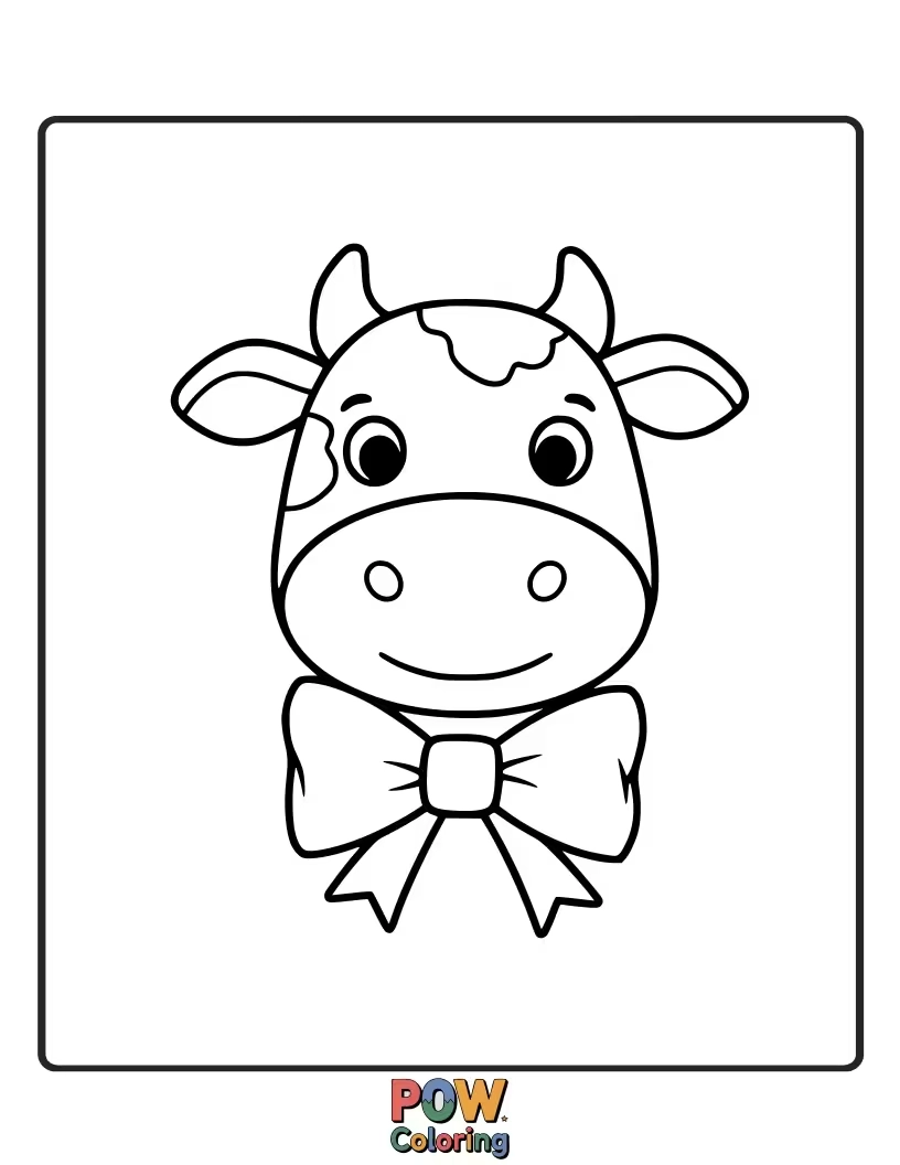 Free coloring page of A dapper cow sporting a stylish bow tie. This offers a fun opportunity to color accessories.