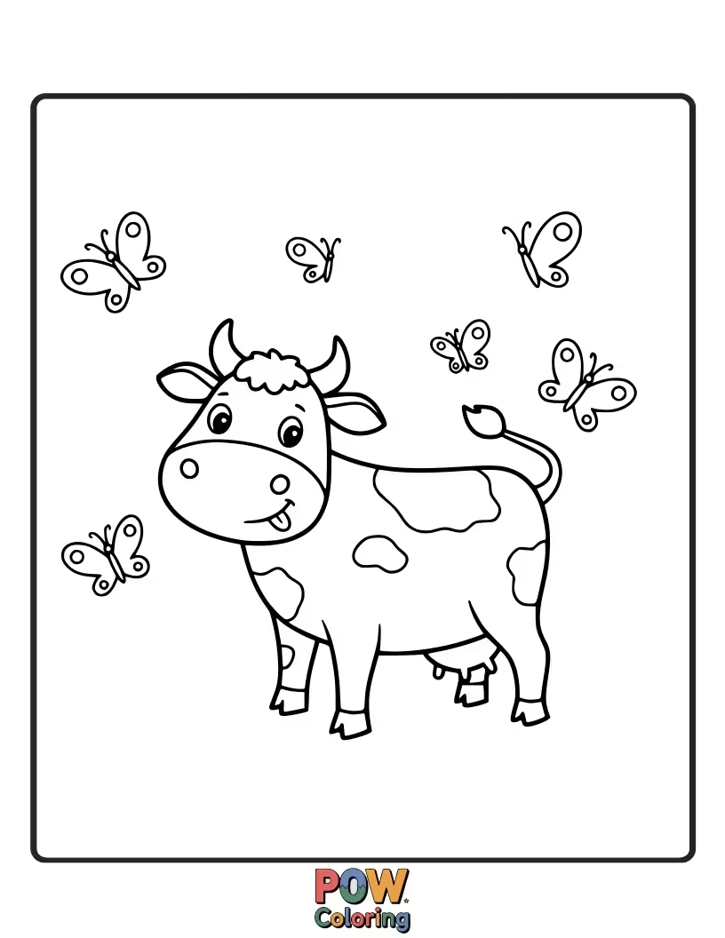 Free coloring page of A gentle cow with a few fluttering butterflies nearby. This adds a touch of whimsical nature to the scene.