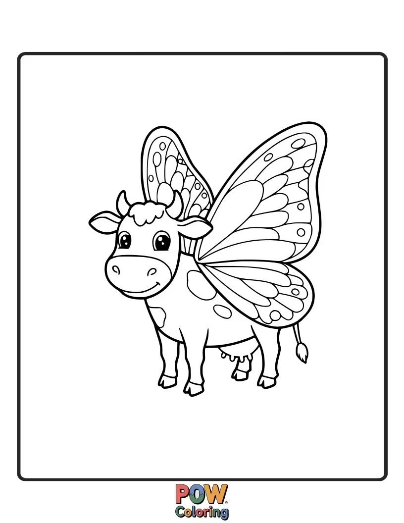 Free coloring page of A whimsical cow with delicate butterfly wings. This imaginative design sparks fantasy play.