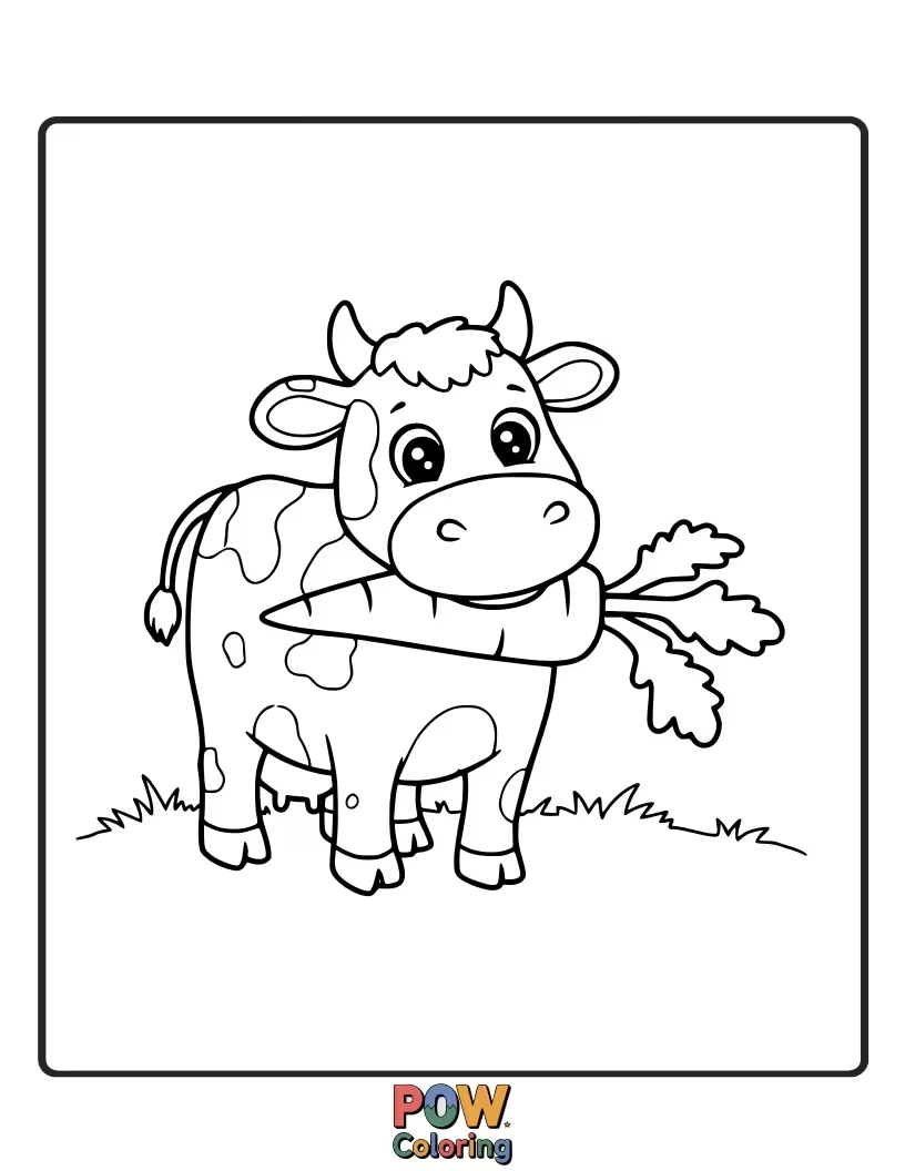 Free coloring page of A healthy cow enjoying a crunchy carrot. This offers a chance to color a favorite farm vegetable.