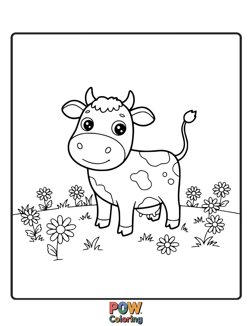 Free coloring page of A sweet cow with a single daisy flower. This simple addition brings a touch of natural beauty.